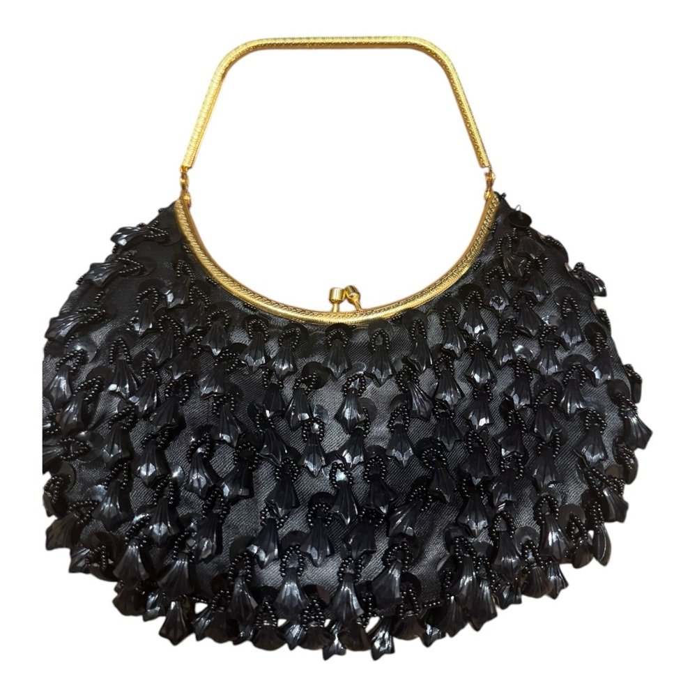 Women’s Vintage Evening Black Crystal Clutch Purse Black Gold hardware 9x7in